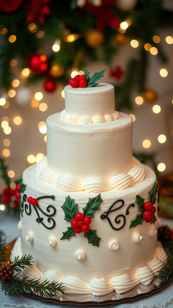 Two-tier Christmas cake with marzipan and royal icing, decorated with holly and berries, on a festive table.